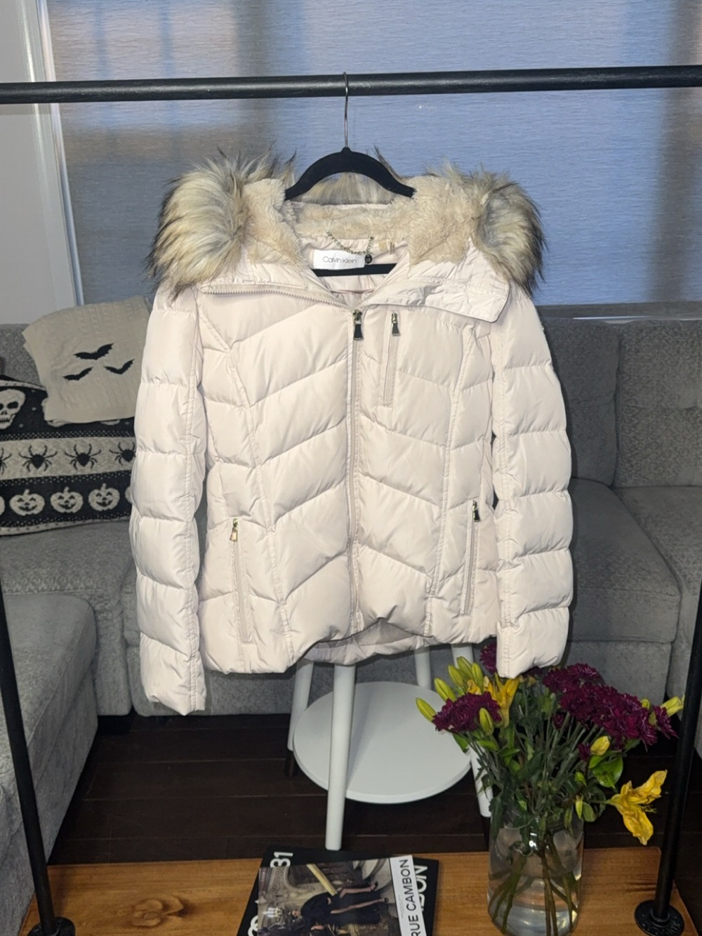 Calvin Klein Large Blush Puffer Jacket Faux Fur Hood Winter Coat